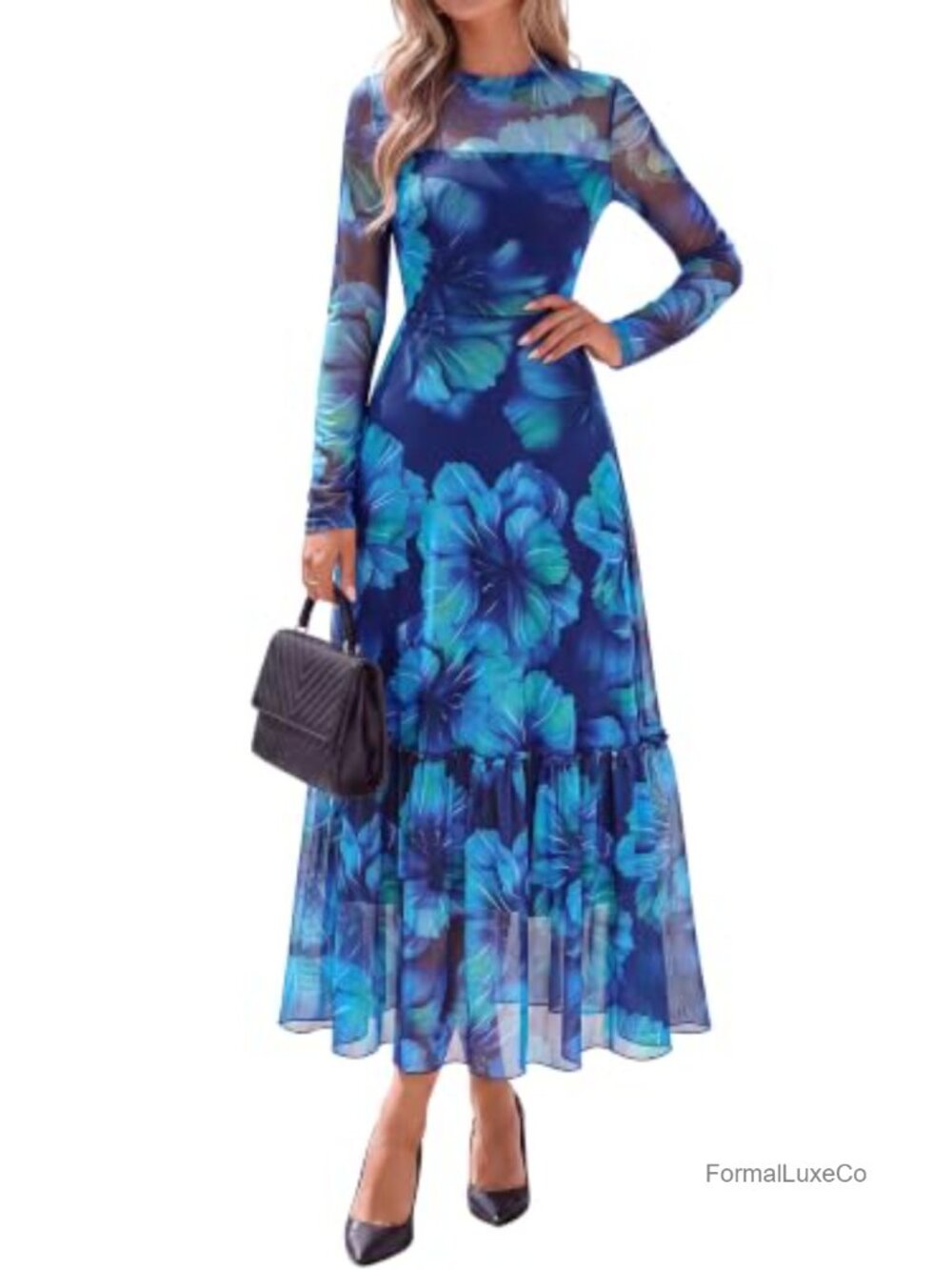 Sheer Mesh Floral Maxi Dress Long Sleeve Mock Neck A-Line Ruffle Hem